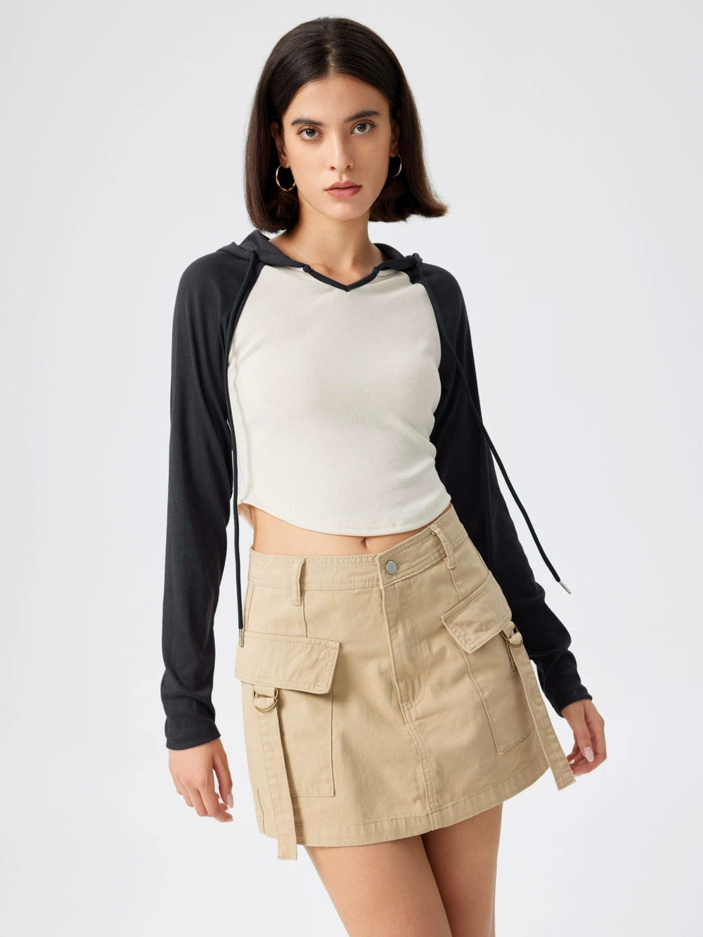 ZARA Hooded Patchwork Colorblock Irregular Slim Fit Long Sleeve T-Shirt - Picture 4 of 6